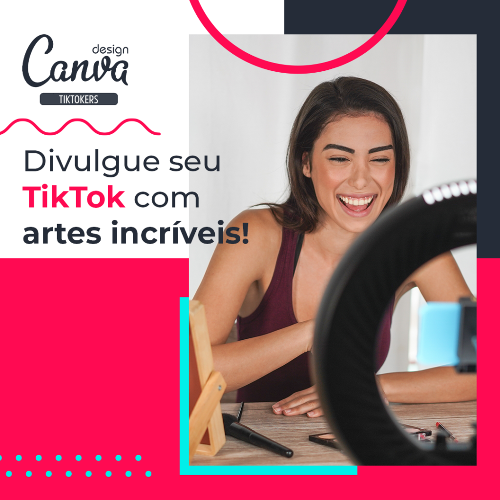 mulher sorrindo atras de um ring light em uma imagem no formato de post do instagram