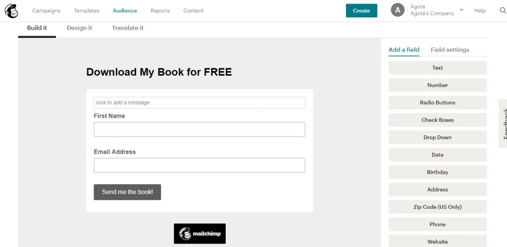 imagem de dashboard do mailchimp com um formulario de contato