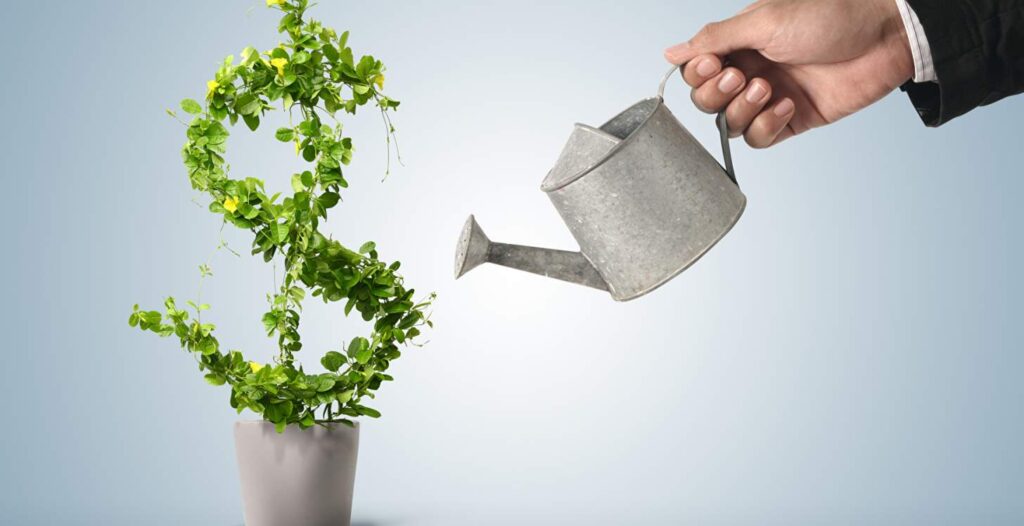 imagem com pessoa regando uma planta no formato de cifrao