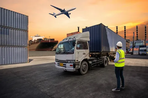 homem em ambiente aberto fazendo a logistica de cargas de caminhao